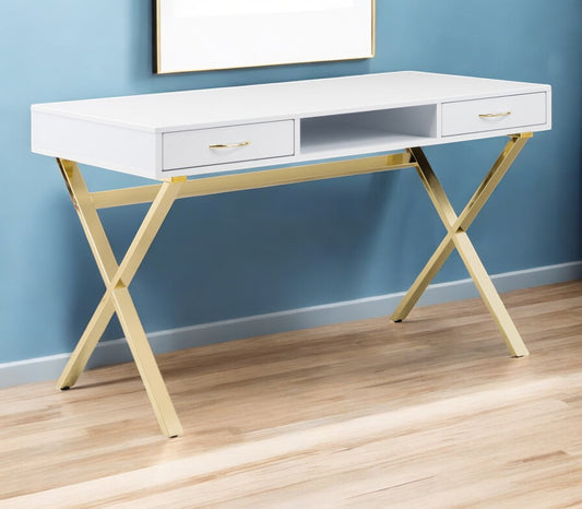 47" White and Gold Wood and Metal Computer Desk With Two Drawers