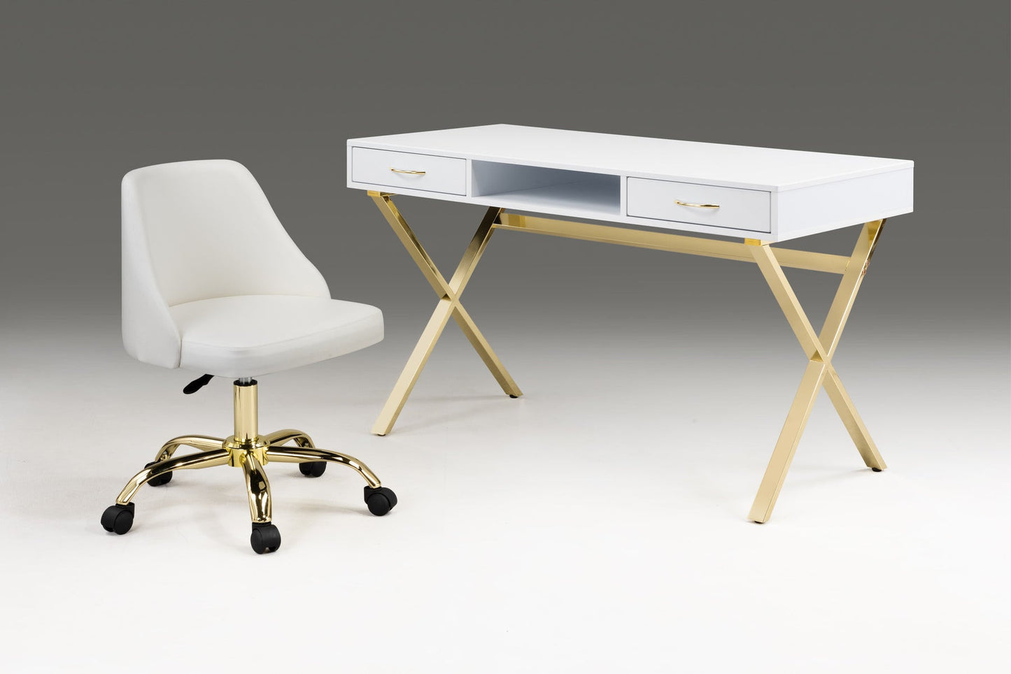 47" White and Gold Wood and Metal Computer Desk With Two Drawers
