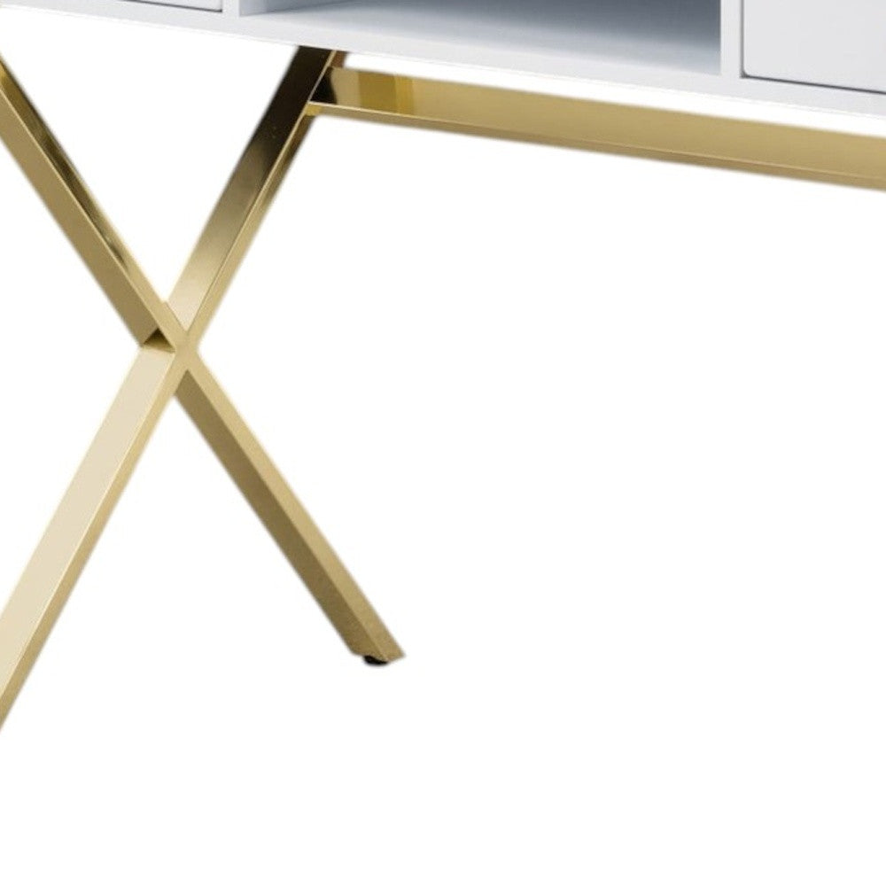 47" White and Gold Wood and Metal Computer Desk With Two Drawers