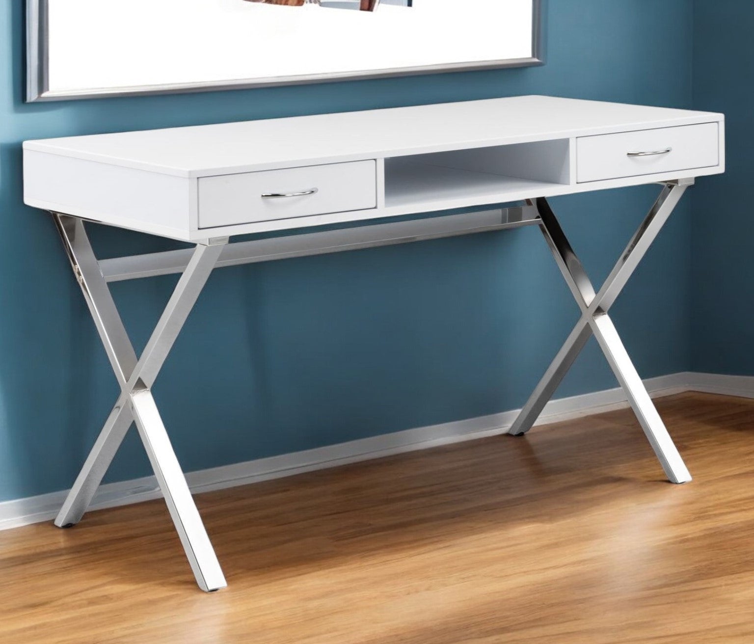 47" White and Silver Wood and Metal Computer Desk With Two Drawers