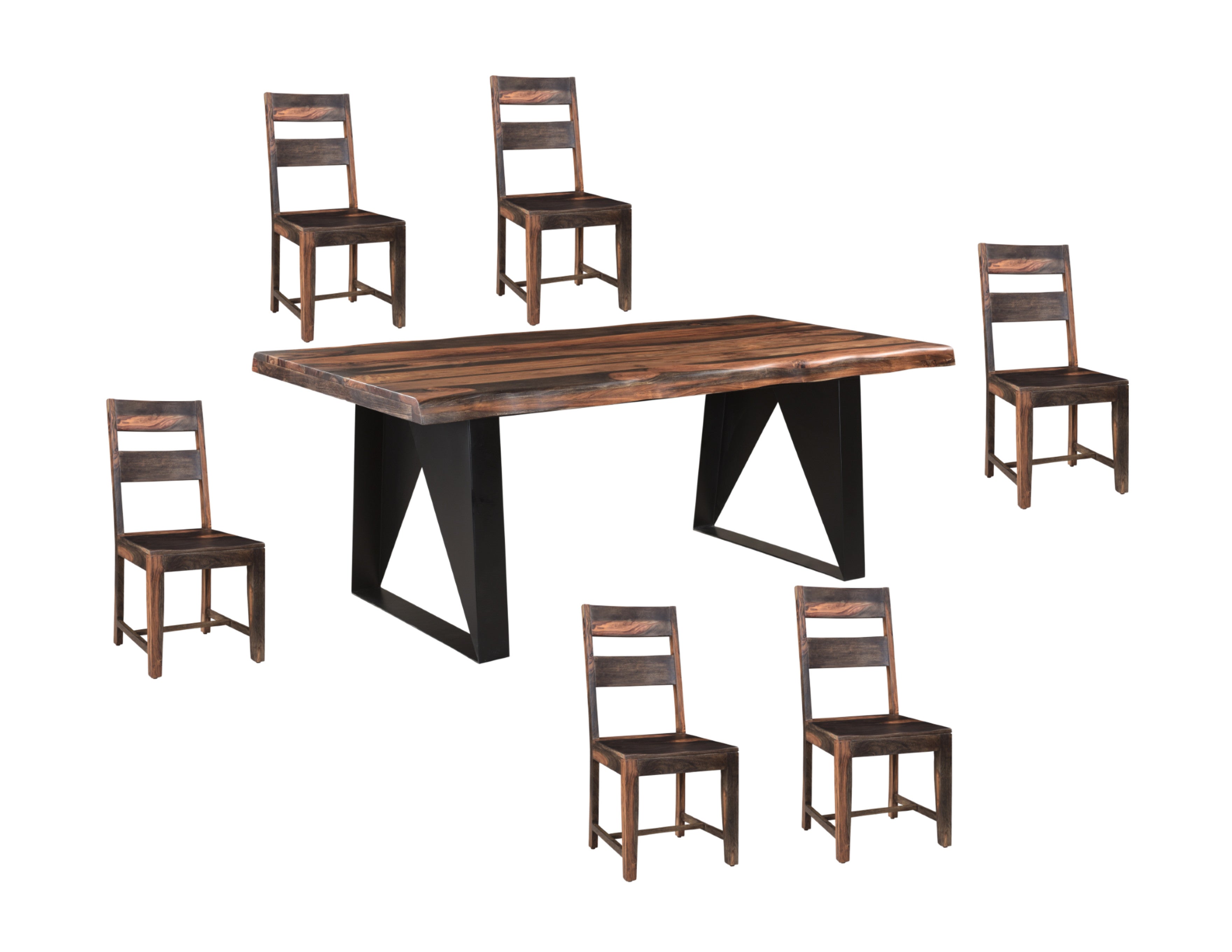 Seven Piece Brown and Black Solid Wood Dining Set with Six Chairs