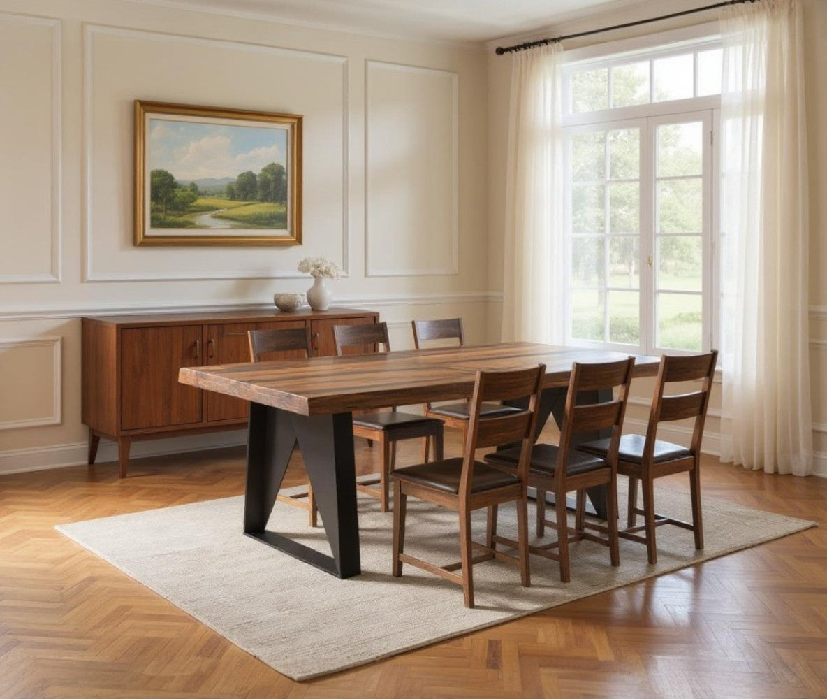 Seven Piece Brown and Black Solid Wood Dining Set with Six Chairs
