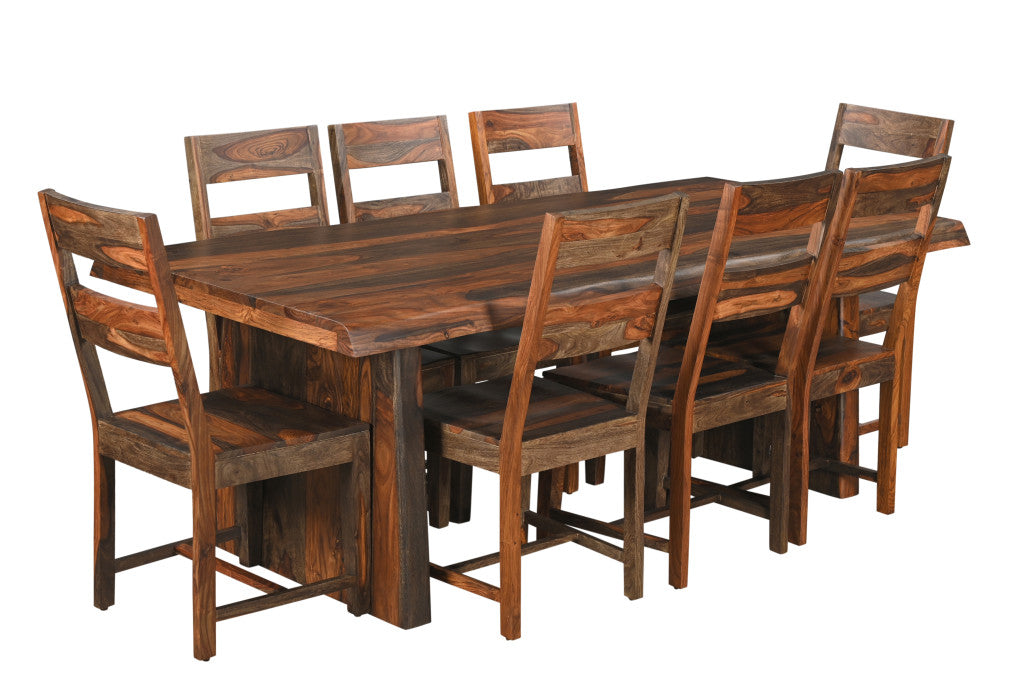 Nine Piece Brown Solid Wood Dining Set with Eight Chairs