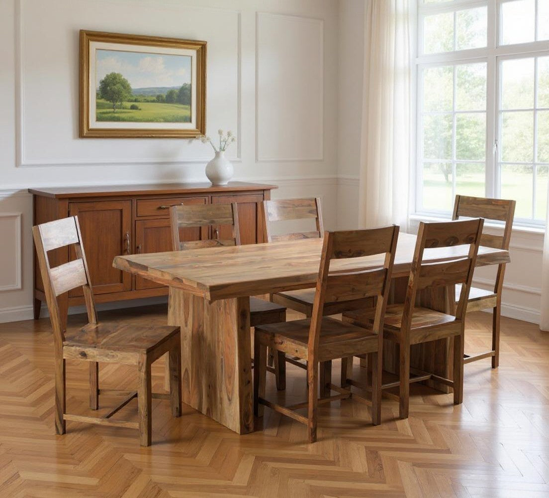 Seven Piece Brown Solid Wood Dining Set with Six Chairs