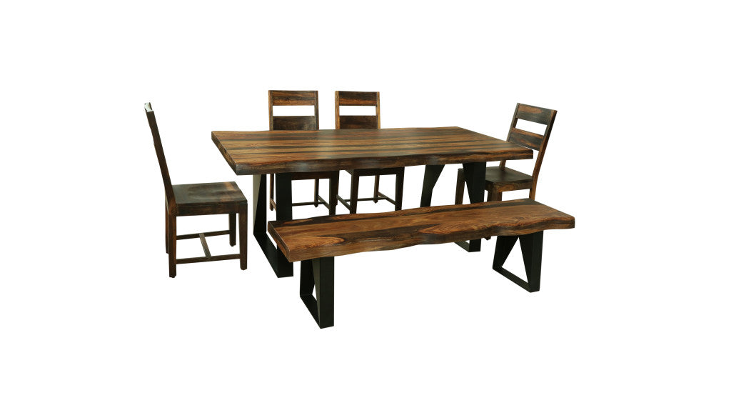 Six Piece Brown and Black Solid Wood Dining Set with Four Chairs and One Bench