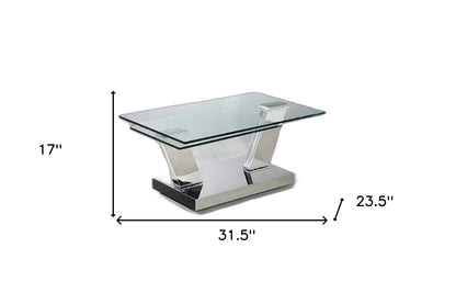 32" Clear And Silver Glass And Stainless Steel Floor Shelf Coffee Table