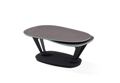 36" Gray And Black Faux Marble And Metal Oval Coffee Table