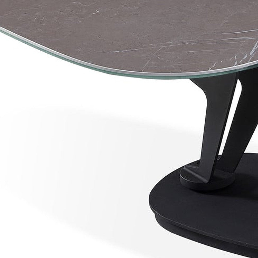 36" Gray And Black Faux Marble And Metal Oval Coffee Table