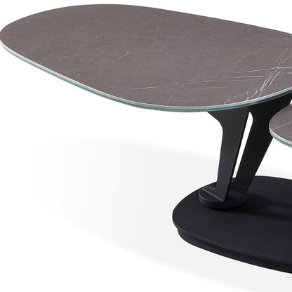 36" Gray And Black Faux Marble And Metal Oval Coffee Table