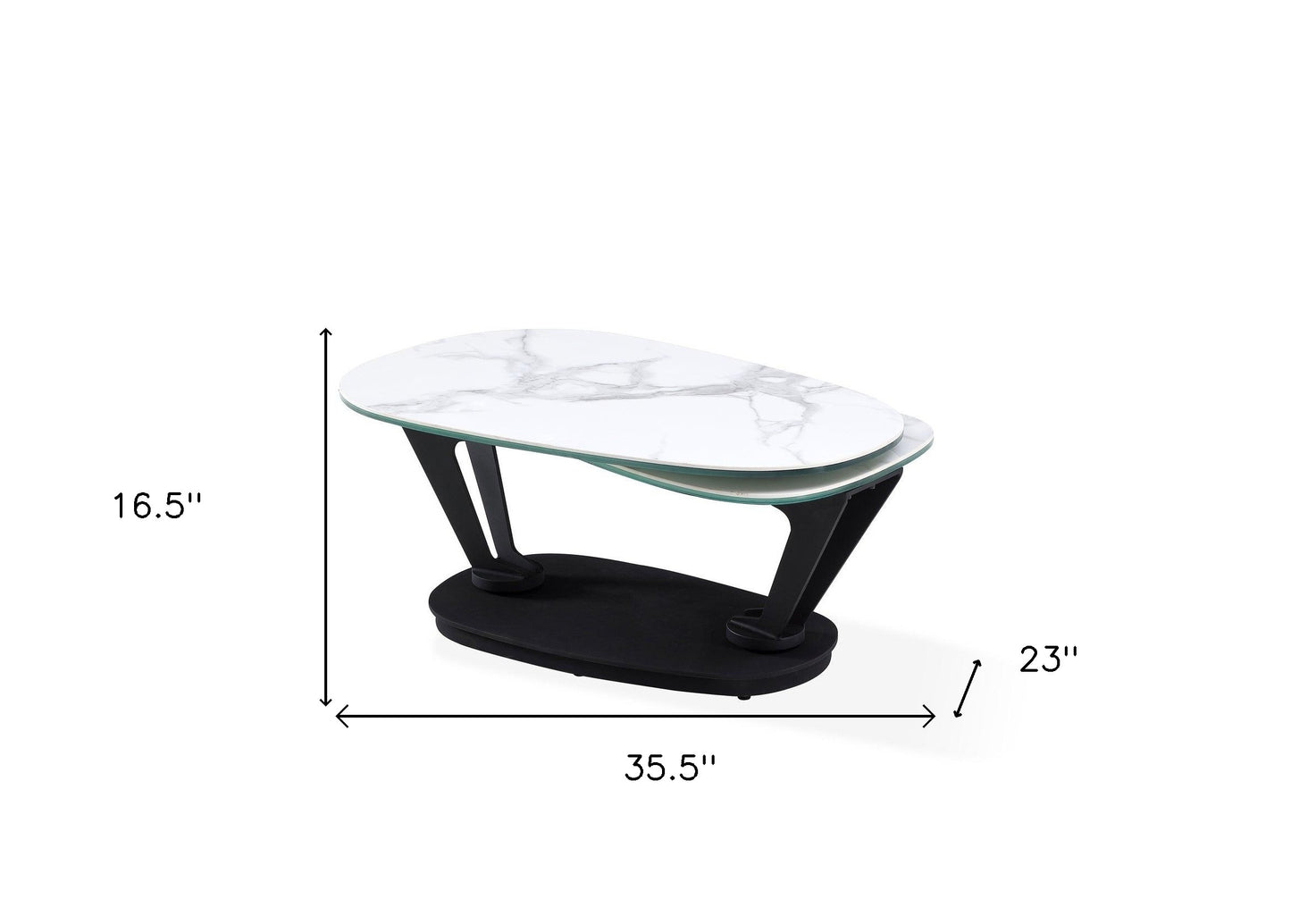 36" White And Black Faux Marble And Metal Oval Coffee Table