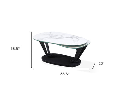 36" White And Black Faux Marble And Metal Oval Coffee Table