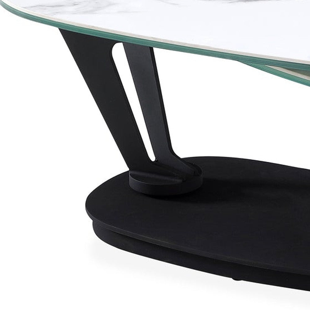 36" White And Black Faux Marble And Metal Oval Coffee Table