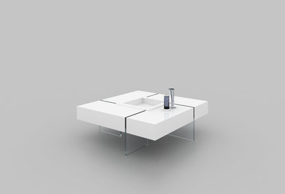 47" White And Clear Wood And Glass Square Sled Coffee Table