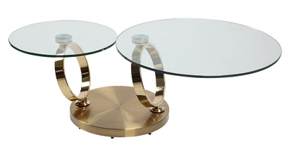 32" Clear And Gold Glass And Metal Round Abstract Coffee Table