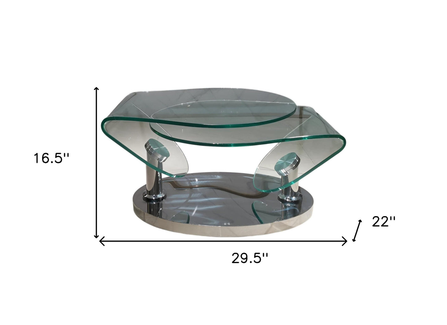 30" Clear And Silver Glass And Metal Oval Abstract Coffee Table
