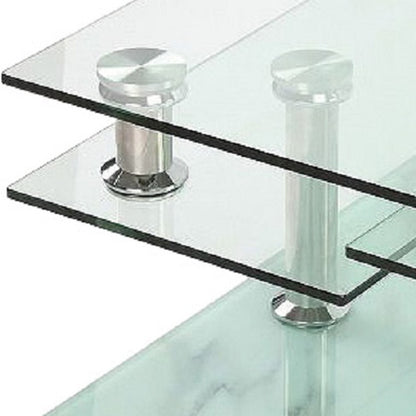 32" Clear and White Faux Marble Glass and Metal Coffee Table With Three Shelves