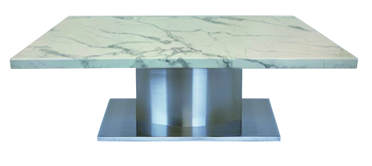 51" White And Silver Genuine Marble And Stainless Steel Pedestal Coffee Table