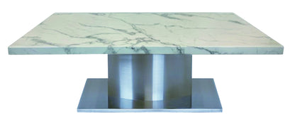 51" White And Silver Genuine Marble And Stainless Steel Pedestal Coffee Table