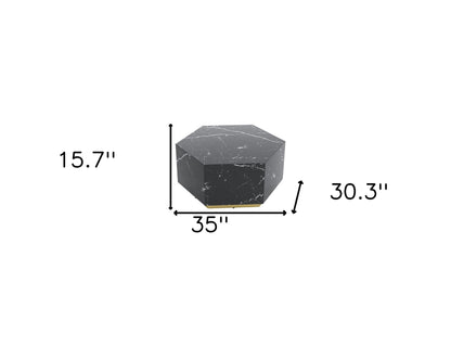 35" Black And Gold Faux Marble Hexagon Drum Coffee Table