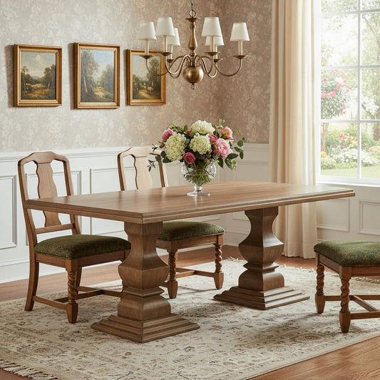 75" Brown Solid Wood Double Pedestal Base Dining Table