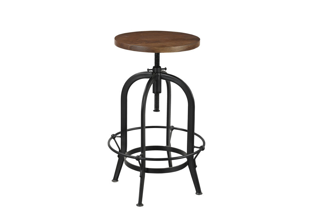 Brown and Black Solid Wood and Metal Backless Adjustable Height Swivel Bar Chair