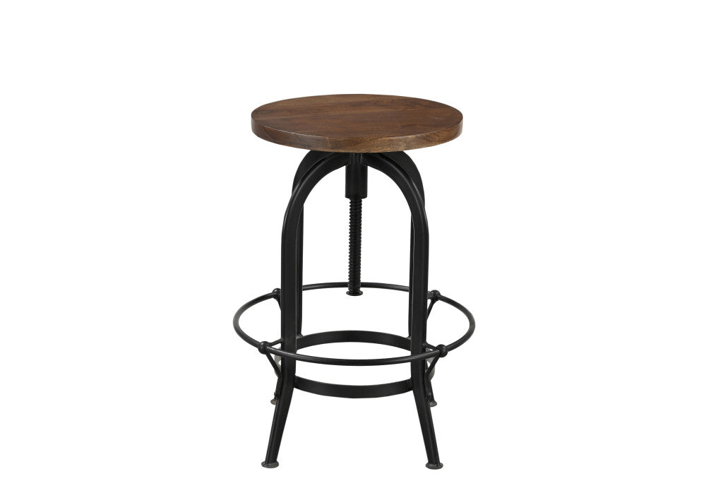 Brown and Black Solid Wood and Metal Backless Adjustable Height Swivel Bar Chair
