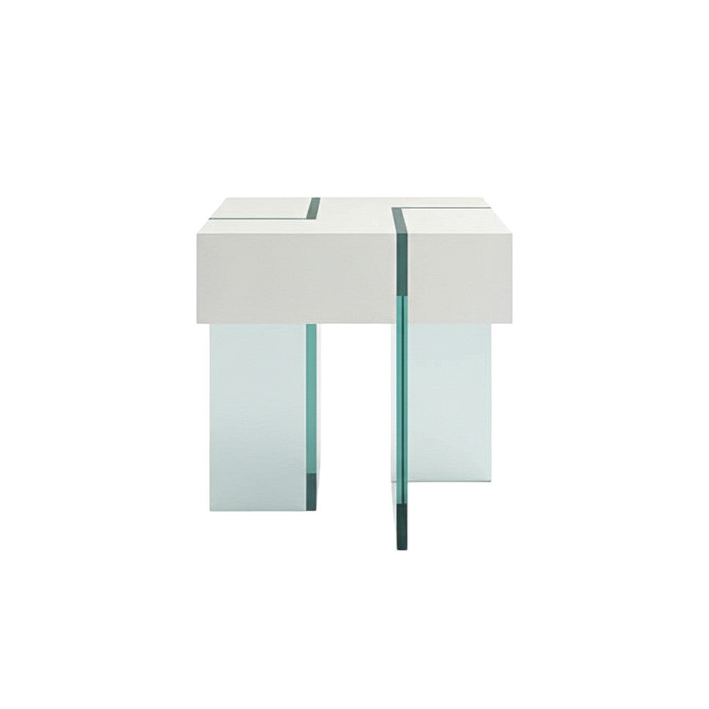 22" White And Clear Wood And Glass Square Sled End Table