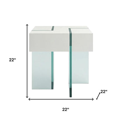 22" White And Clear Wood And Glass Square Sled End Table