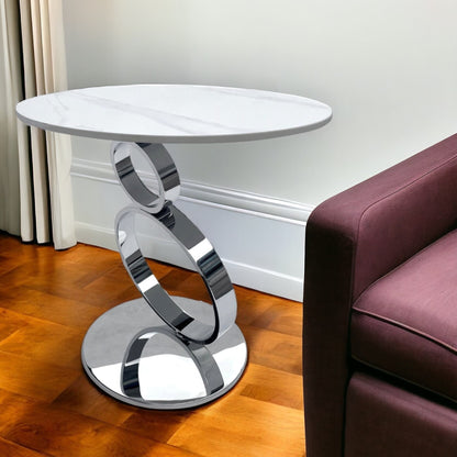 21" White And Silver Stone And Stainless Steel Round Pedestal End Table