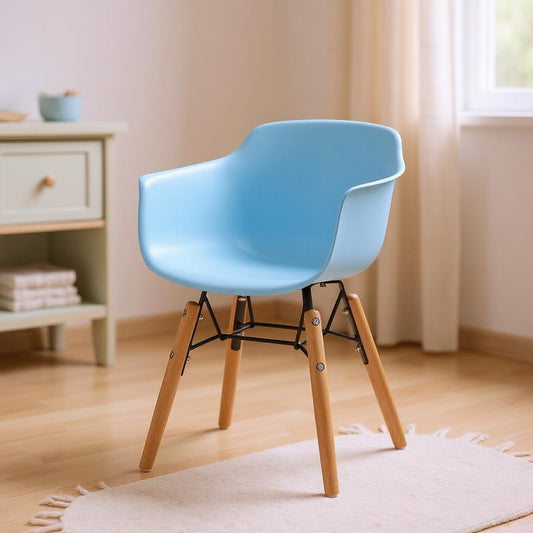 Set Of Four Blue And Brown Heavy Duty Plastic And Wood Juvenile Side Chairs