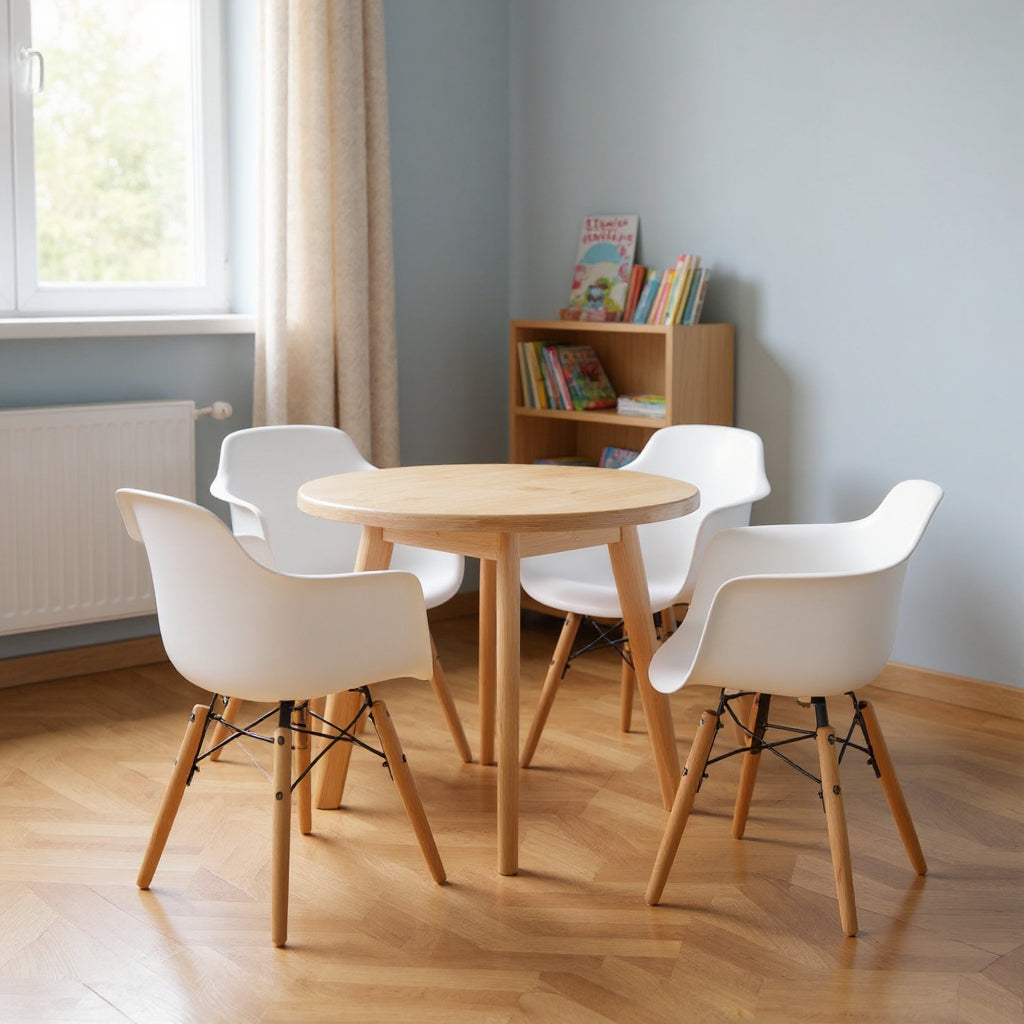 Set Of Four White And Brown Heavy Duty Plastic And Wood Juvenile Side Chairs