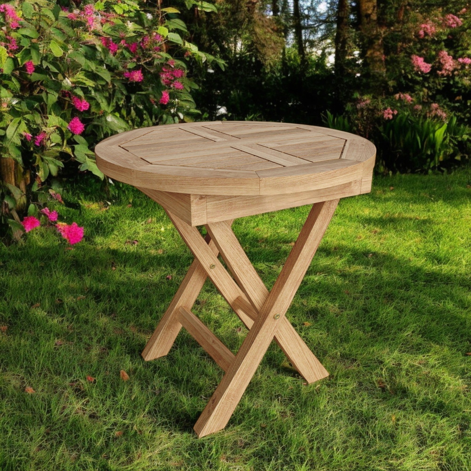 20" Natural Rounded Solid Wood Folding Outdoor Side Table
