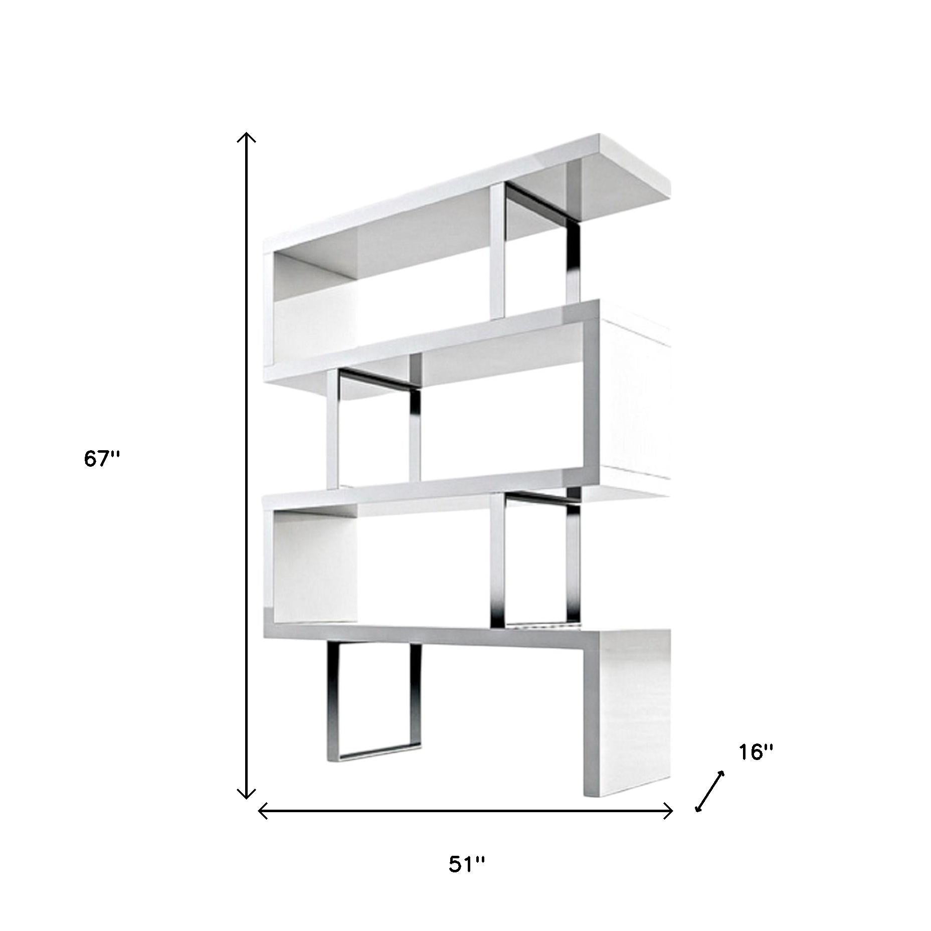 67" White And Silver Metal and Wood Three Tier Etagere Bookcase