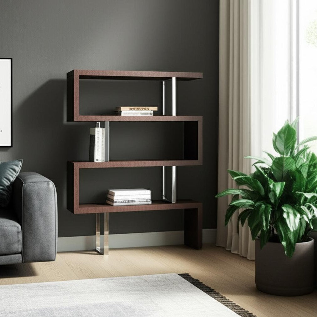 67" Brown And Silver Metal and Wood Three Tier Etagere Bookcase