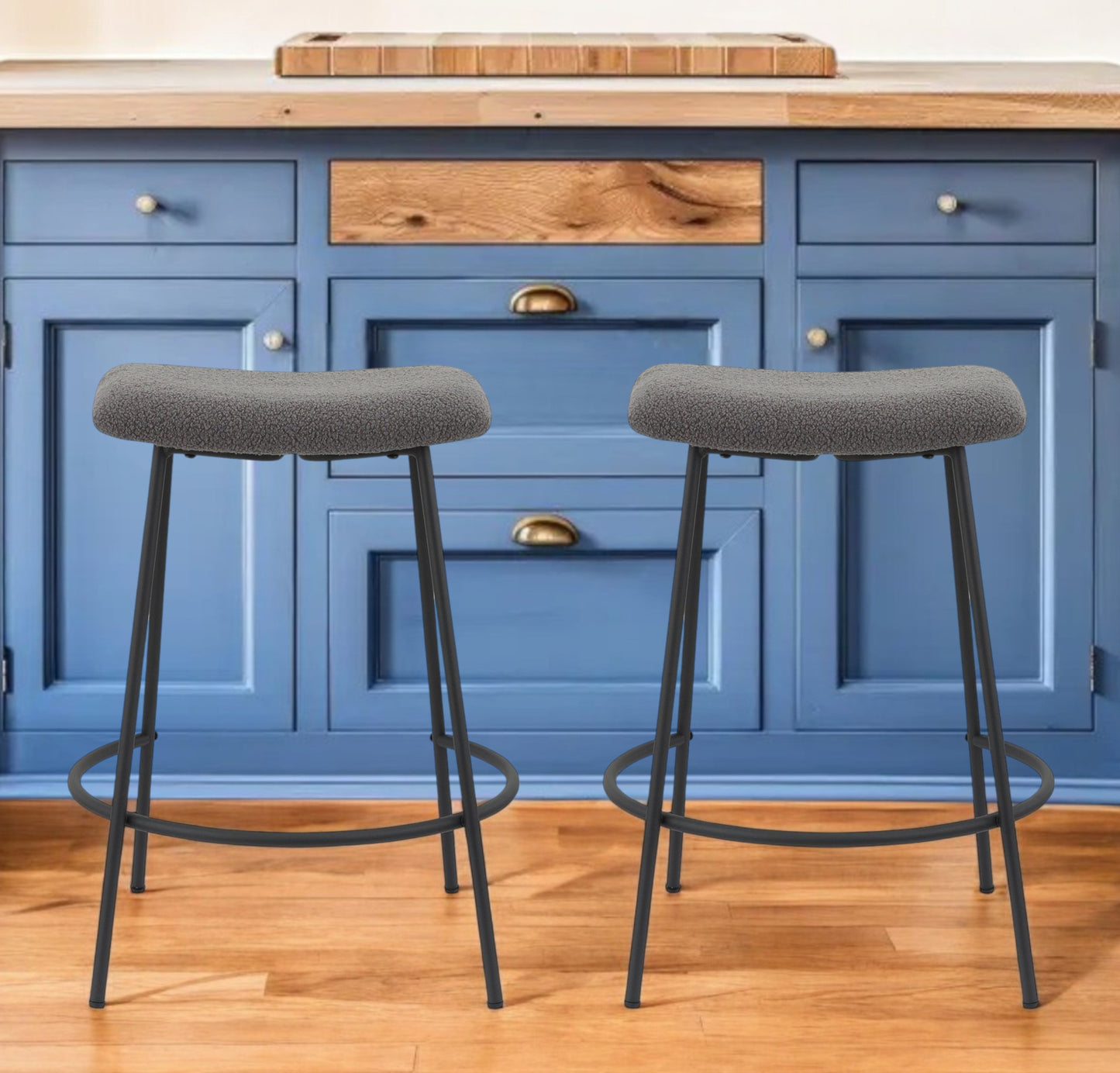 Set of Two 26" Gray and Black Fabric and Metal Backless Counter Height Bar Chairs