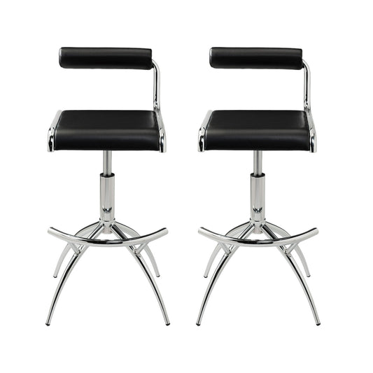 Set of Two Black and Silver Faux Leather and Metal Low Back Adjustable Height Bar Chairs