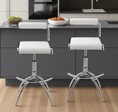 Set of Two White and Silver Metal and Faux Leather Low Back Adjustable Height Bar Chairs