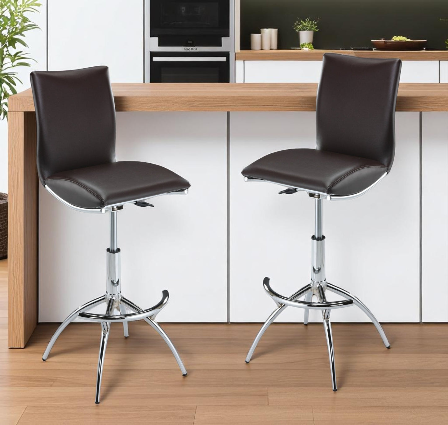 Set of Two Brown and Silver Metal and Faux Leather Low Back Adjustable Height Bar Chairs