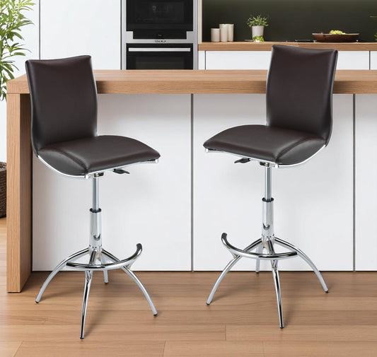 Set of Two Brown and Silver Metal and Faux Leather Low Back Adjustable Height Bar Chairs