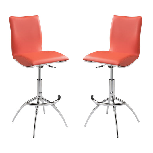 Set of Two Orange and Silver Faux Leather and Metal Low Back Adjustable Height Bar Chairs