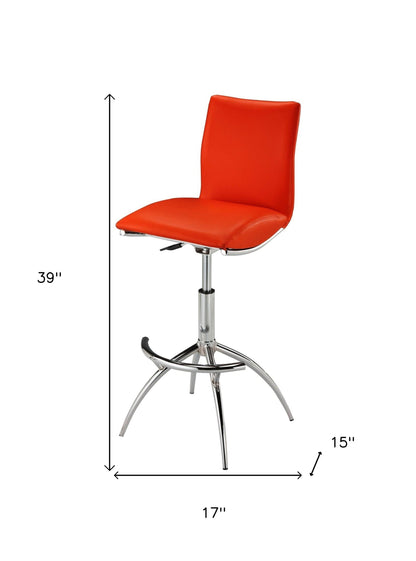 Set of Two Red and Silver Faux Leather and Metal Low Back Adjustable Height Bar Chairs