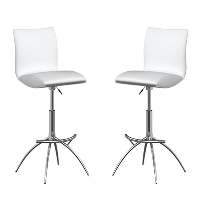 Set of Two White and Silver Faux Leather and Metal Low Back Adjustable Height Bar Chairs