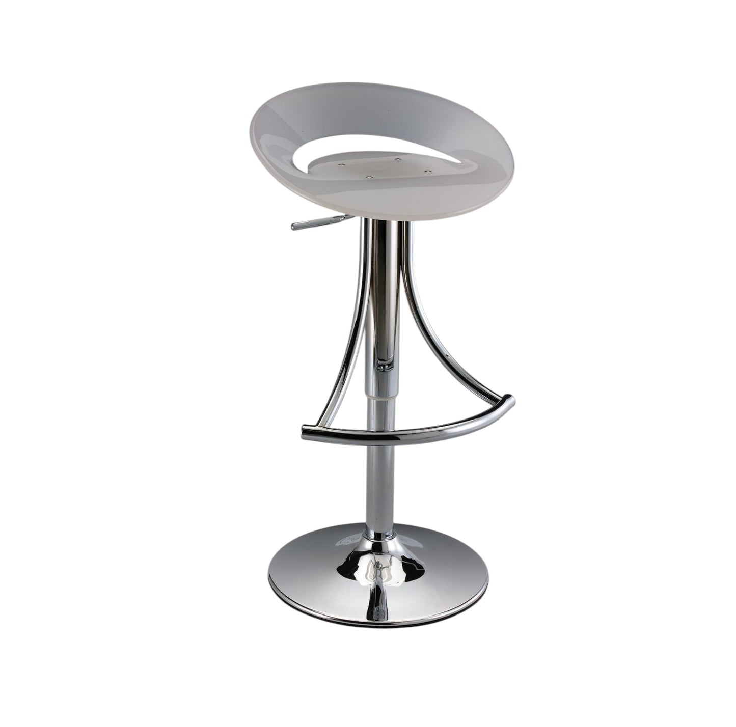 White and Silver Acrylic and Metal Low Back Adjustable Height Bar Chair