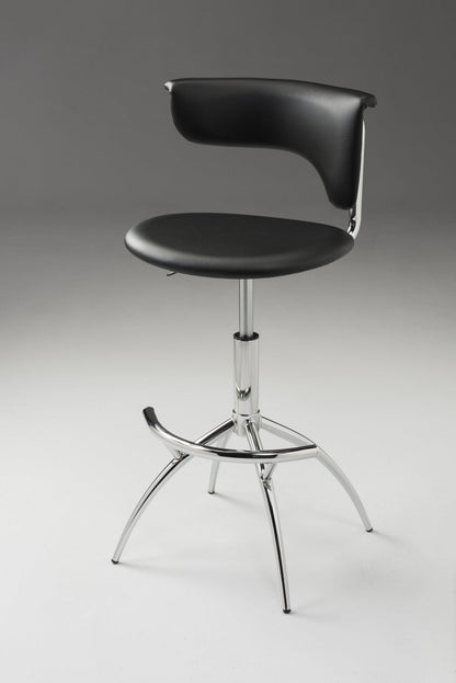 Set of Two Black and Silver Metal and Faux Leather Low Back Adjustable Height Bar Chairs