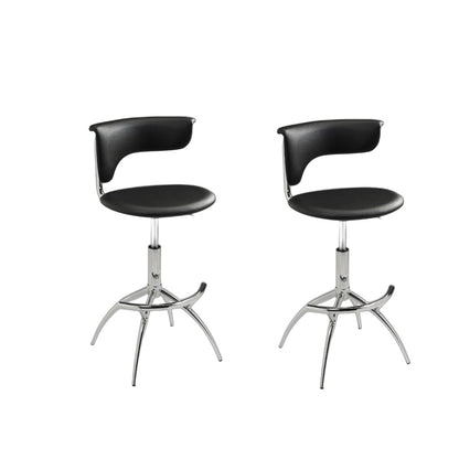 Set of Two Black and Silver Metal and Faux Leather Low Back Adjustable Height Bar Chairs