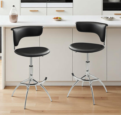 Set of Two Black and Silver Metal and Faux Leather Low Back Adjustable Height Bar Chairs