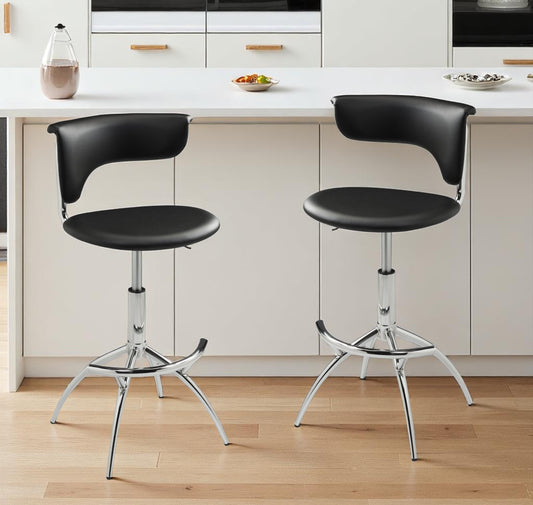 Set of Two Black and Silver Metal and Faux Leather Low Back Adjustable Height Bar Chairs