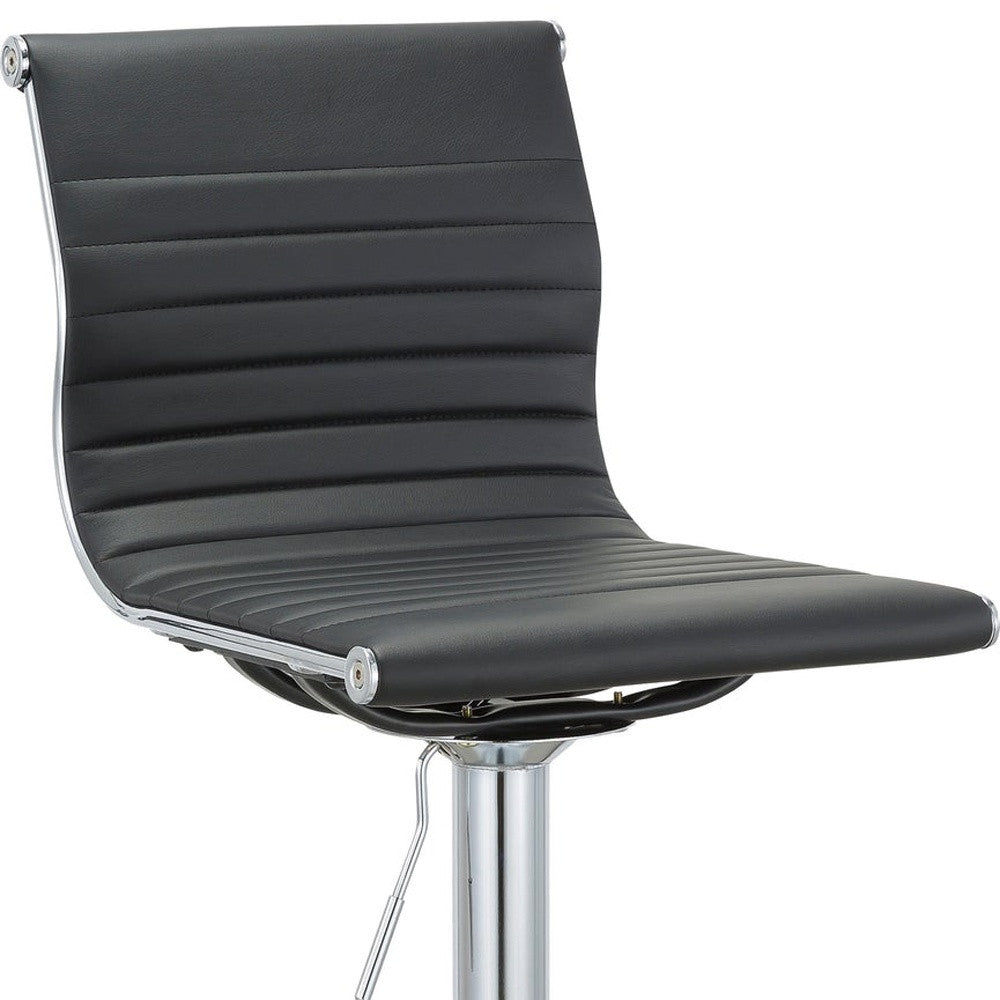 Set of Two Black and Silver Faux Leather and Metal Low Back Adjustable Height Bar Chairs