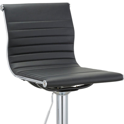 Set of Two Black and Silver Faux Leather and Metal Low Back Adjustable Height Bar Chairs