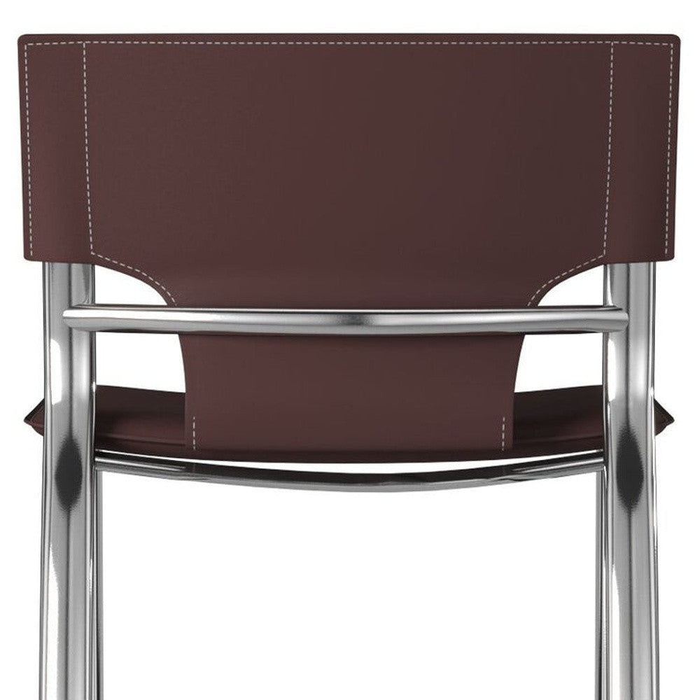 Set of Two 25" Brown and Silver Faux Leather and Metal Low Back Counter Height Bar Chairs